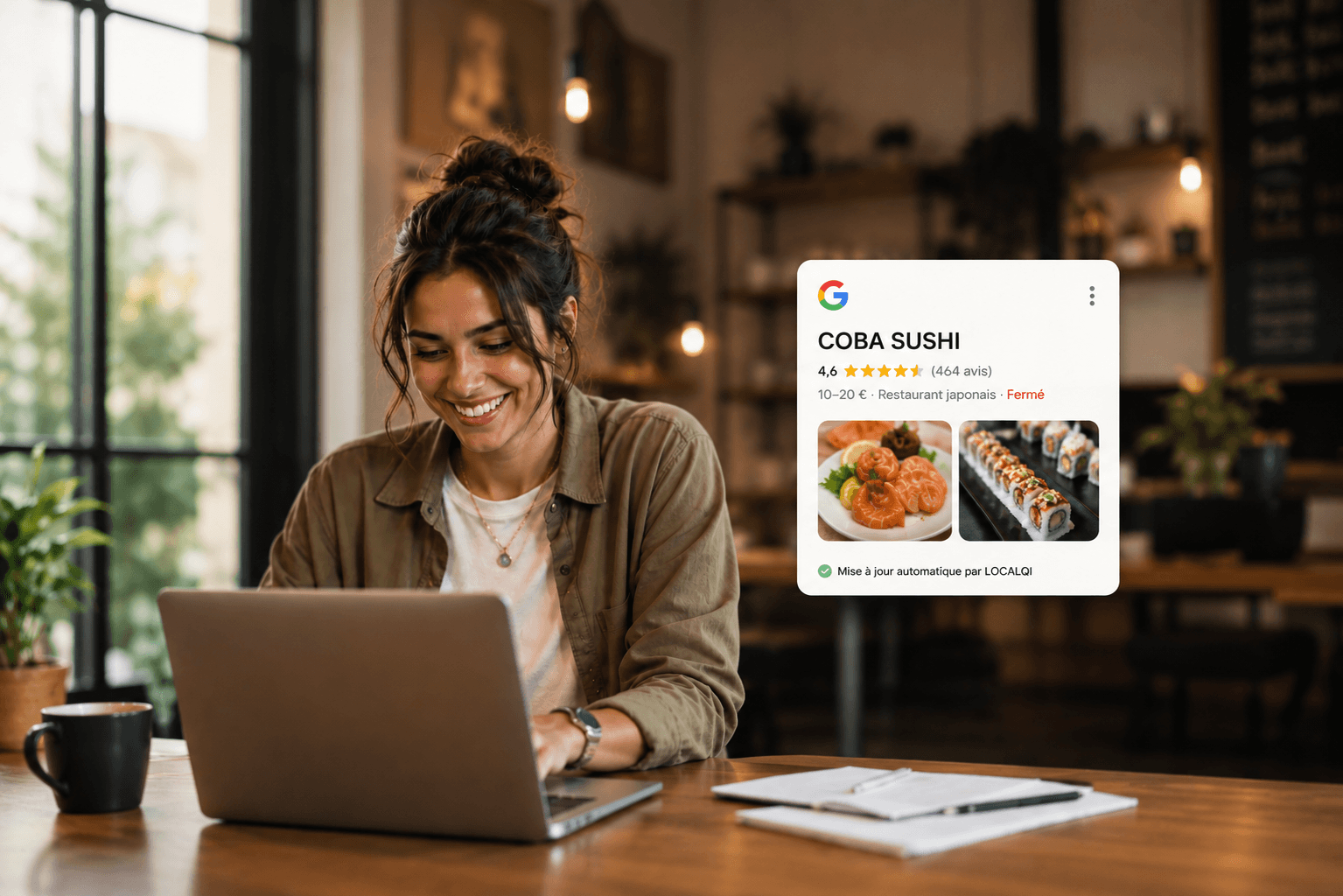 Visibilité locale - Femme gérant son profil Google Business