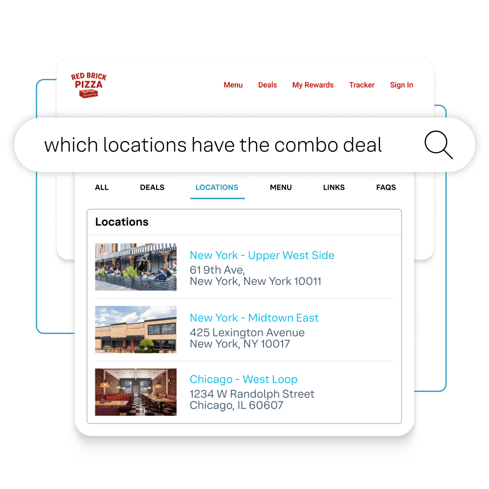 Recherche intelligente Red Brick Pizza - which locations have the combo deal avec résultats New York et Chicago