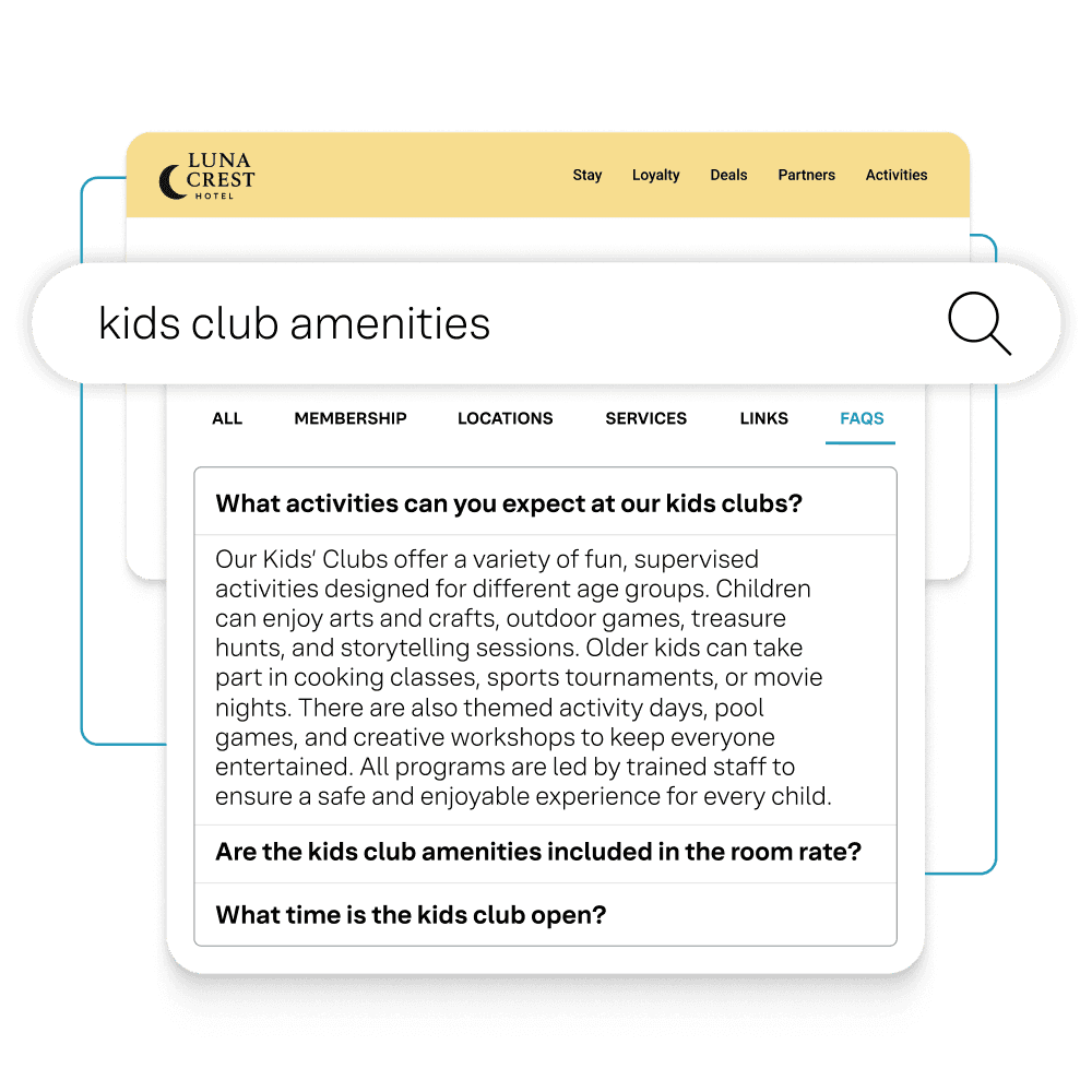 Interface de recherche FAQ avec réponses instantanées sur les services de l'hôtel