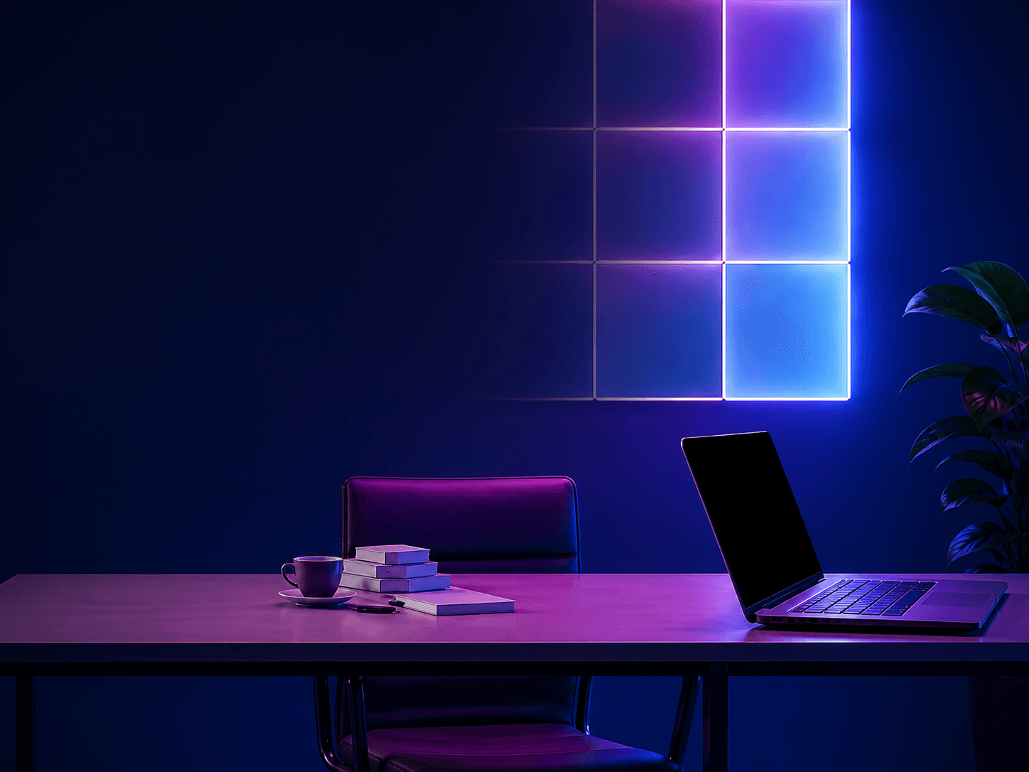 Transformation digitale - Bureau moderne avec ordinateur portable et éclairage LED futuriste