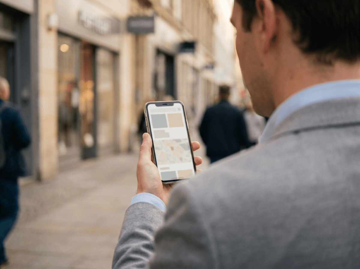 Personne consultant son téléphone dans une rue commerçante