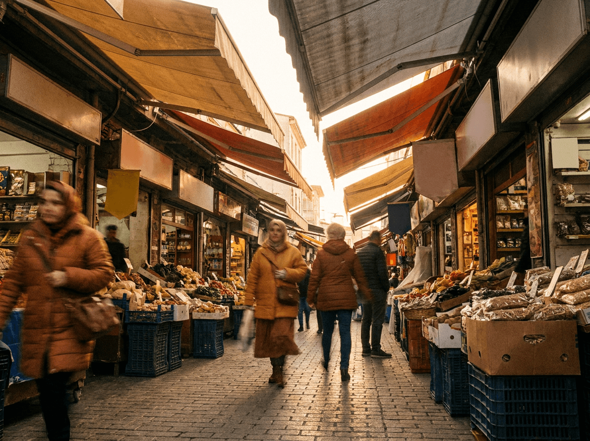 Rue piétonne commerçante en fin de journée